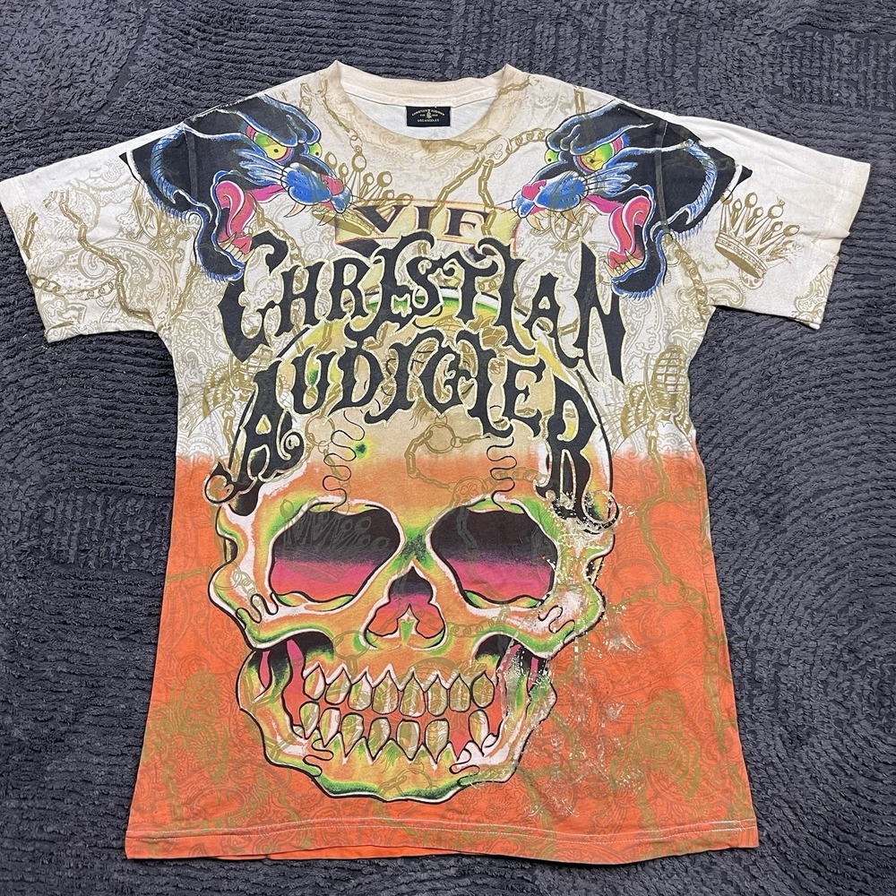 Christian Audigier Skull Panther Graphic T-Shirt Men's XL Gold‎ Foil All Over